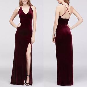 Teeze Me Vintage Burgundy V Strappy Velvet Gown